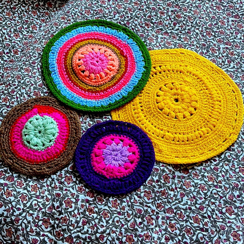 Hand knitted acrylic mandalas/coasters/wall decoration
